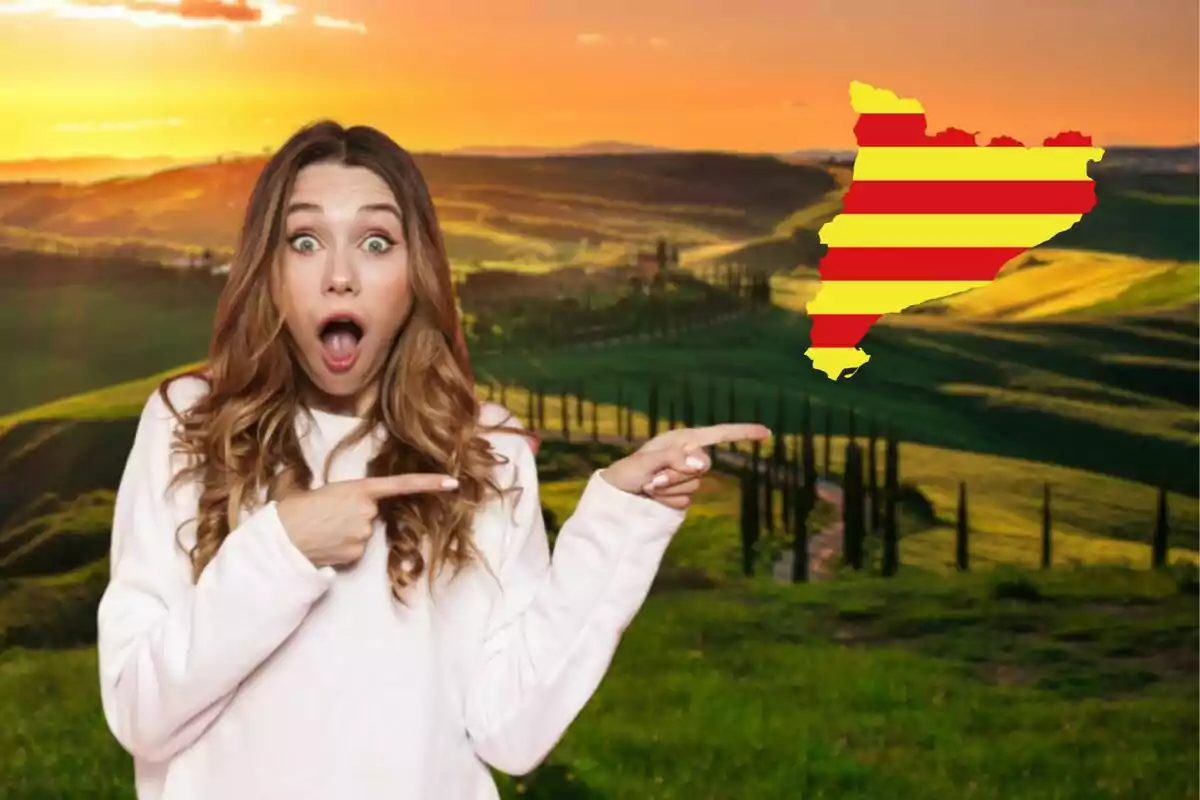 Una dona amb expressió de sorpresa assenyala amb les dues mans un mapa de Catalunya amb la bandera catalana sobre un paisatge cap al tard.