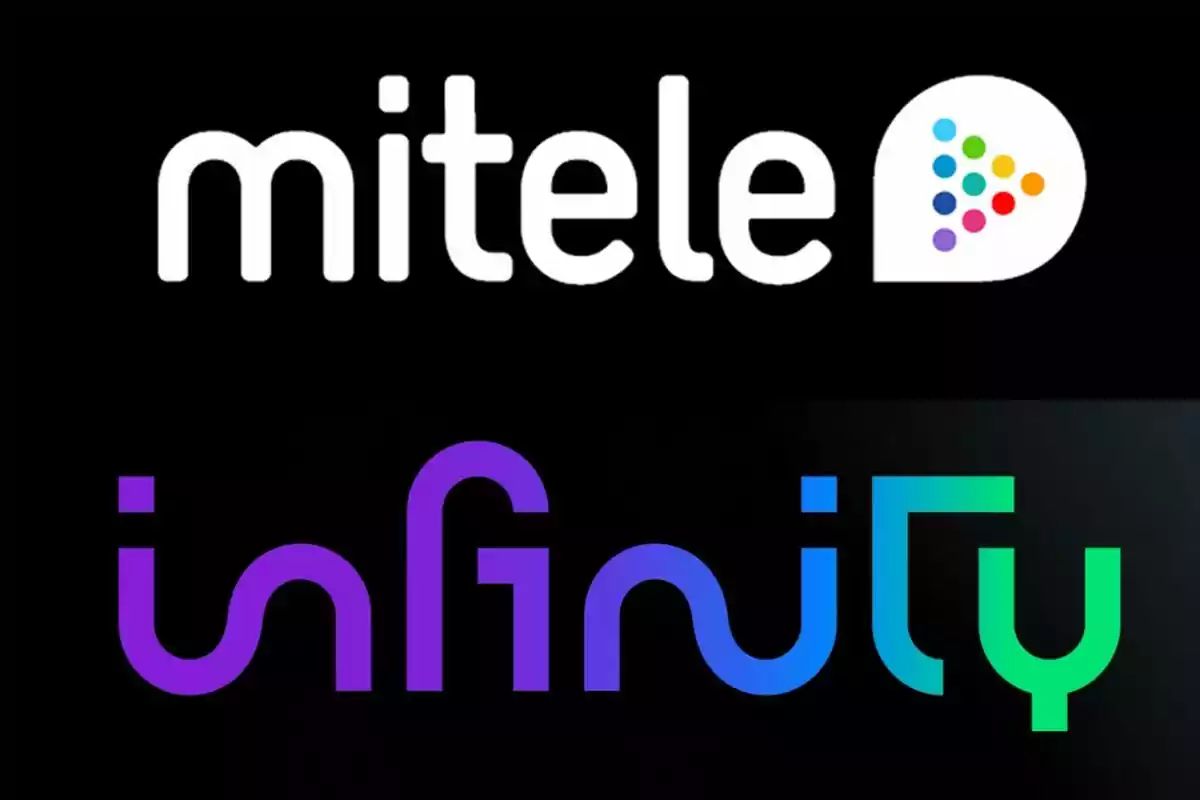 Logotips de les plataformes de streaming Mitele i Mediaset Infinity sobre fons negre