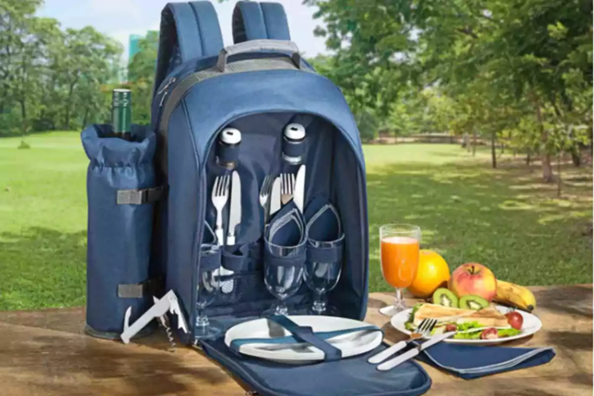 Una motxilla de pícnic blau amb compartiments per a coberts, plats, copes i una ampolla de vi, col·locada sobre una taula de fusta en un parc, al costat d'un esmorzar amb suc de taronja, fruites i torrades. Una motxilla de pícnic blau amb compartiments per a coberts, plats, copes i una ampolla de vi, col·locada sobre una taula de fusta en un parc, al costat d'un esmorzar amb suc de taronja, fruites i torrades.