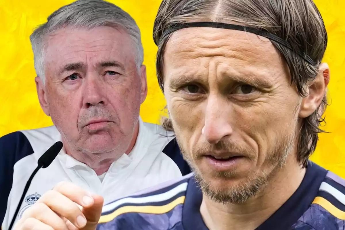 Luka Modric en primer pla amb Carlo Ancelotti al fons sobre un mur groc