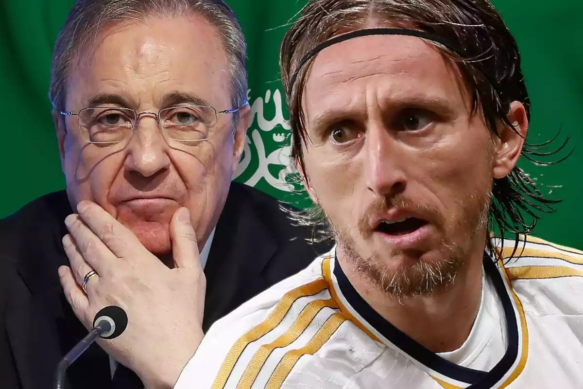 Luka Modric en primer pla amb cara d'ensurt al costat de Florentino Pérez tocant-se la boca
