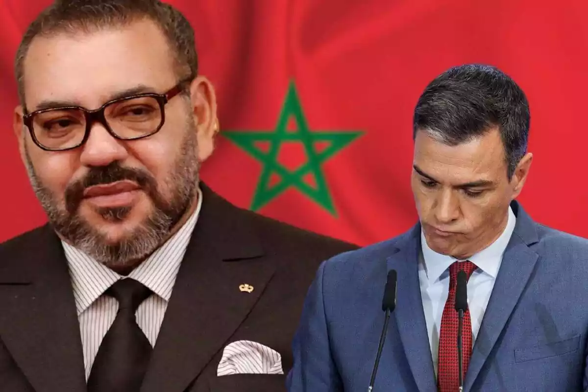 Muntatge amb un pla mitjà curt de Mohamed VI i un pla mitjà de Pedro Sánchez amb una bandera del Marroc de fons