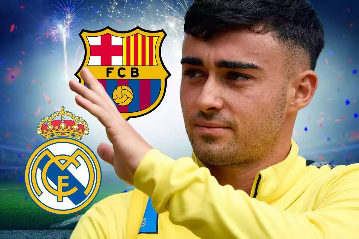 Alberto Moleiro al costat dels escuts del Barça i el Reial Madrid