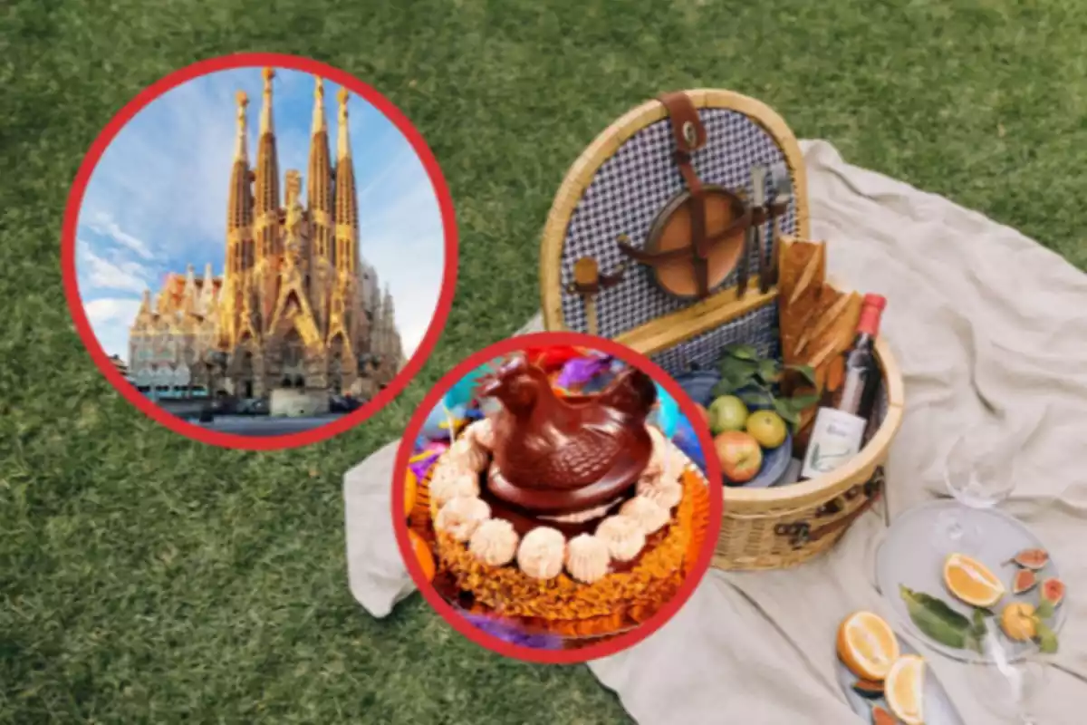 cistell de pícnic amb una imatge de Barcelona i una altra d'una mona de pasqua