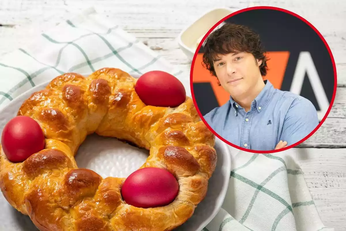 Jordi Cruz en cercle vermell sobre fons de mona de pasqua en forma de rosca amb els ous vermells