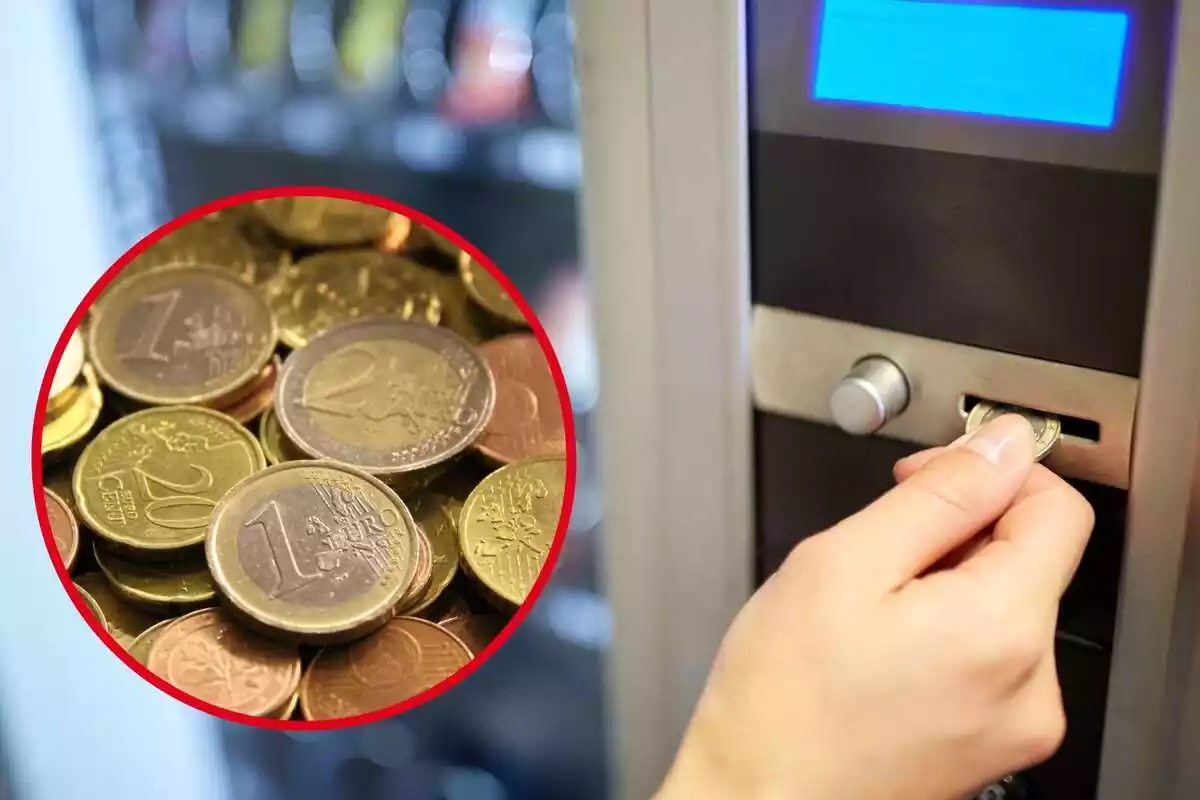 A person paying at a vending machine and another image of several euro coins