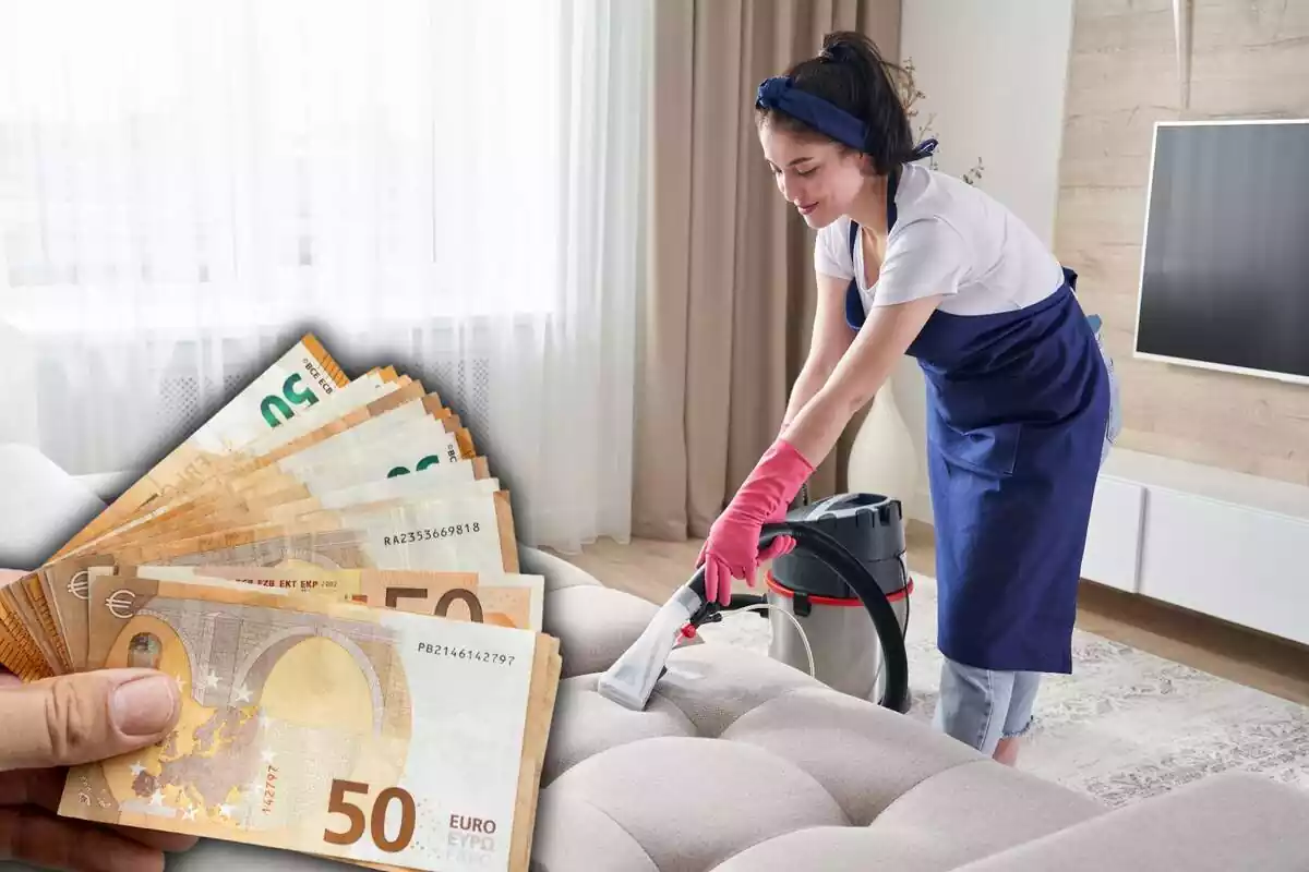 Una empleada de casa passa l'aspiradora en un sofà, ia la part esquerra, uns bitllets de 50 euros