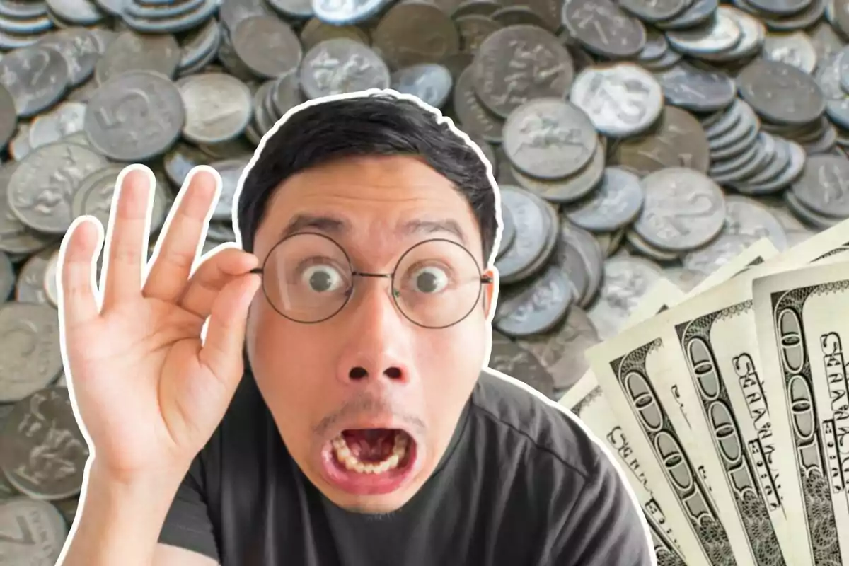 Man surprised with round glasses in front of coins and bills.