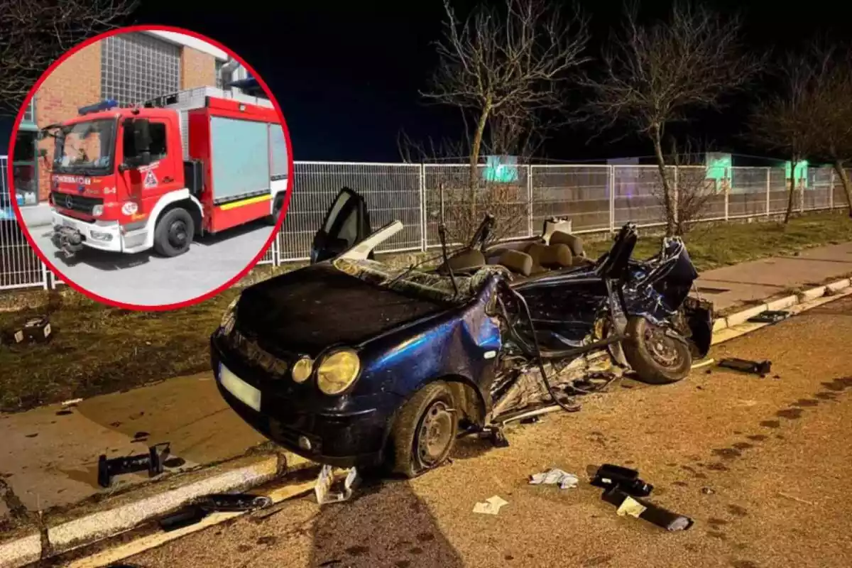 Muntatge amb un cotxe tallat pel sostre i un camió de bombers de Vitòria