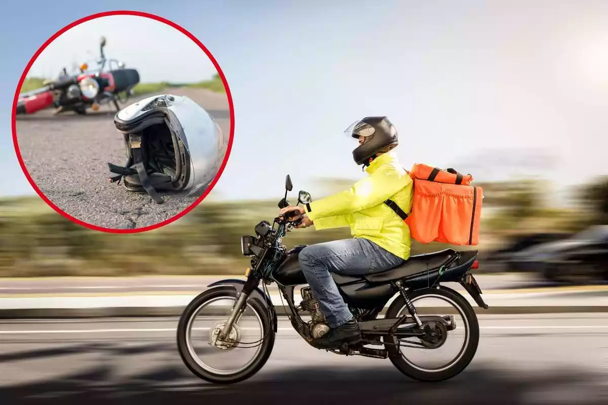 Muntatge de motocicleta conduint per la carretera i cercle amb casc tirat al terra