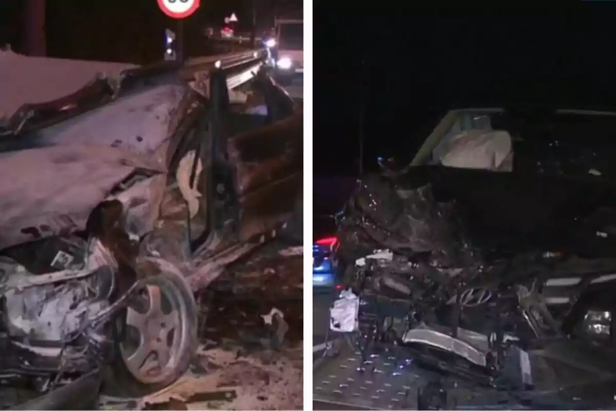 Dos vehicles greument danyats després d'un accident de trànsit nocturn.