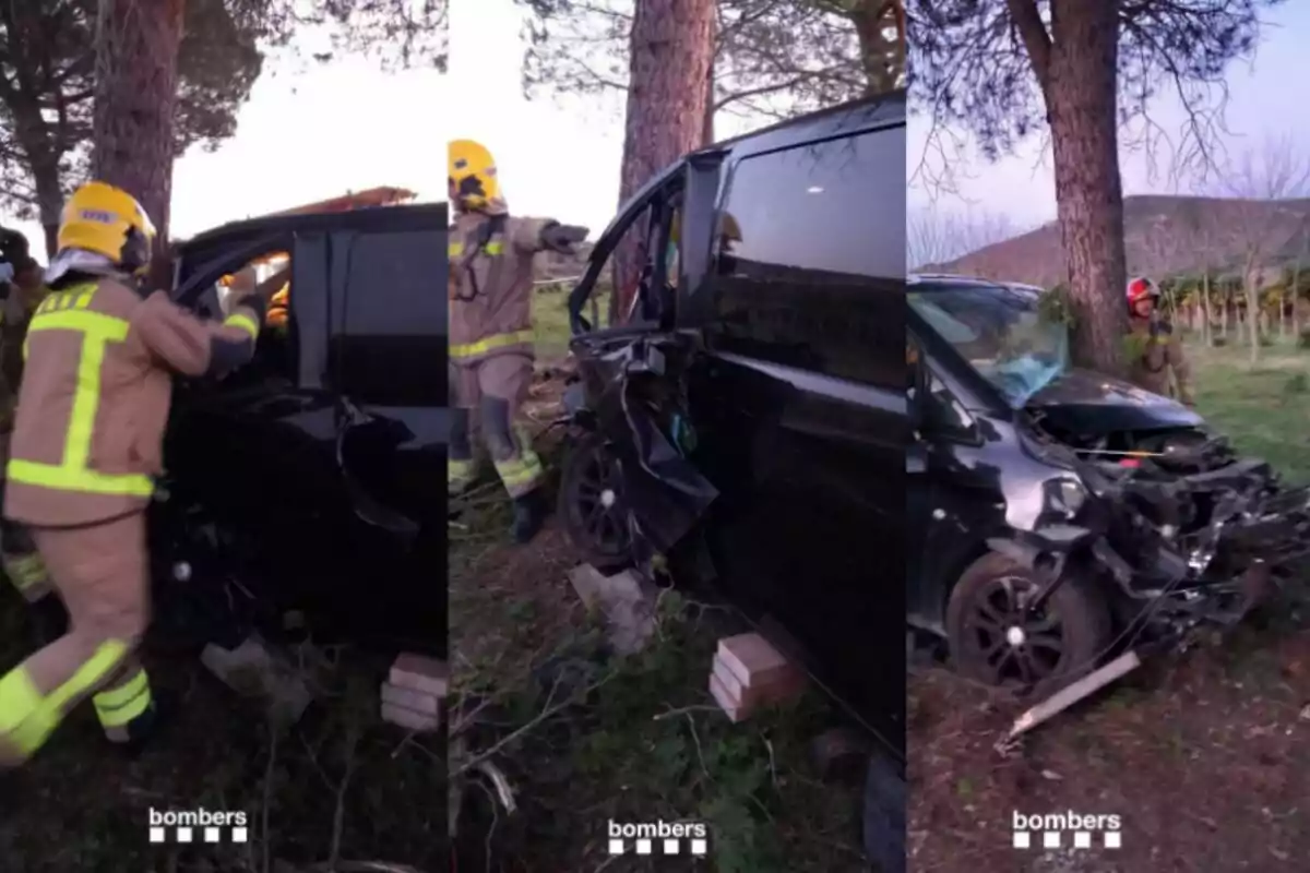 Bombers treballant a l'escena d'un accident de trànsit on un vehicle va xocar contra un arbre.