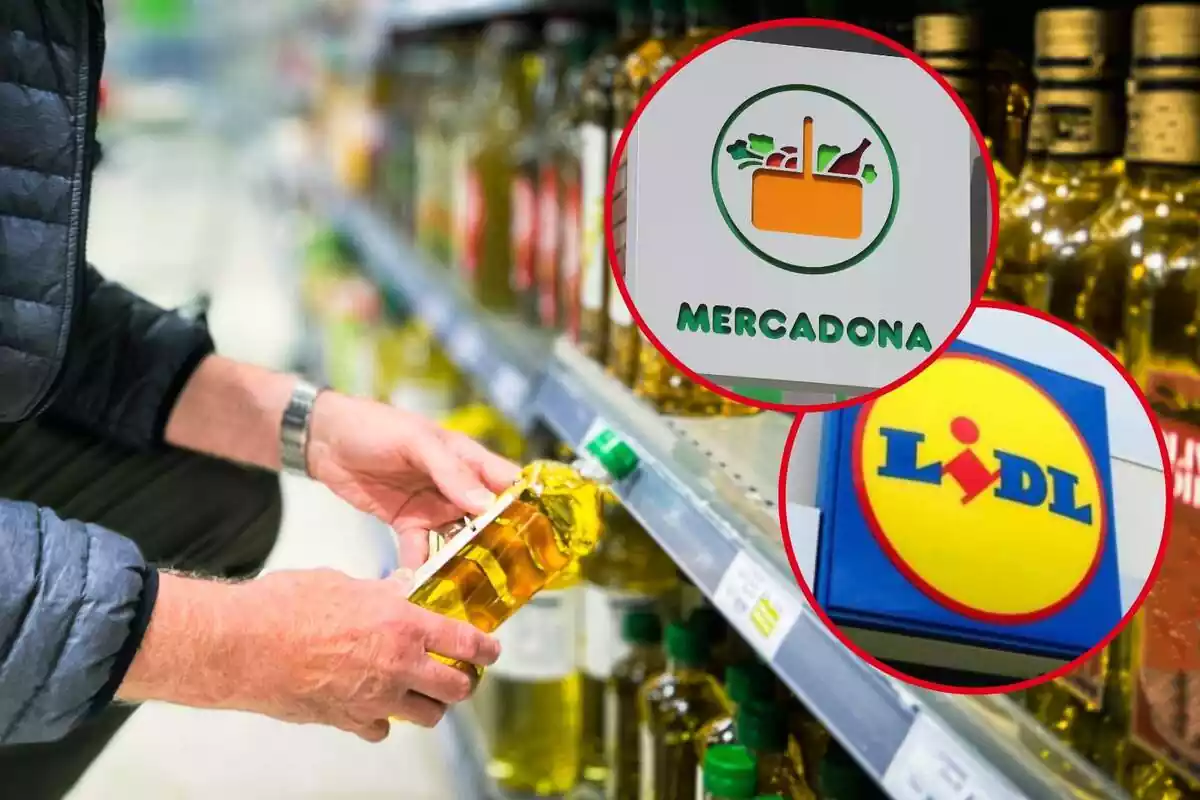 Muntatge amb una persona agafant oli d'oliva a un supermercat i dos cercles amb els logos de Mercadona i Lidl