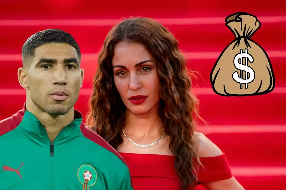 Achraf Hakimi amb equipació del Marroc i Hiba Abouk amb vestit vermell posen davant d'un fons vermell, amb un dibuix d'una bossa de diners al costat.