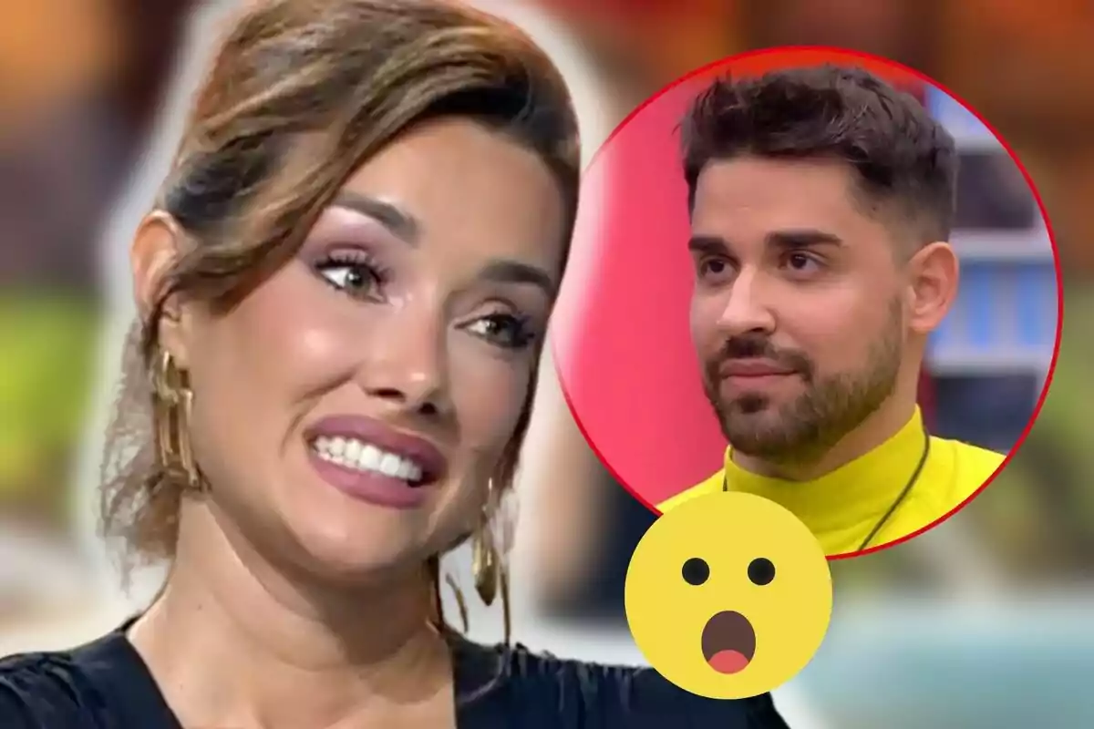 Adara Molinero somrient amb expressió de sorpresa i Miguel Frigenti en un cercle vermell al fons, amb un emoji sorprès.