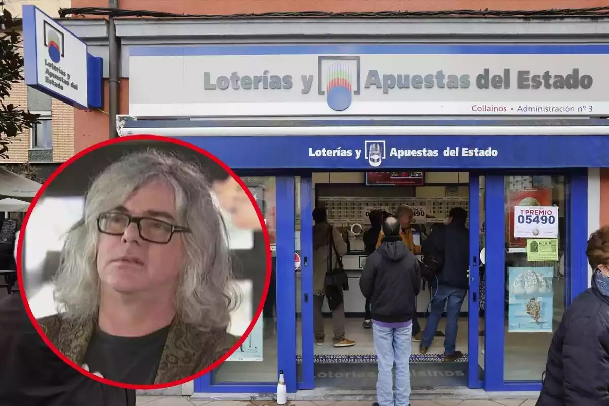 Muntatge amb una administració de Loteries i Apostes de l'Estat i un cercle amb la cara seriosa de David Walsh