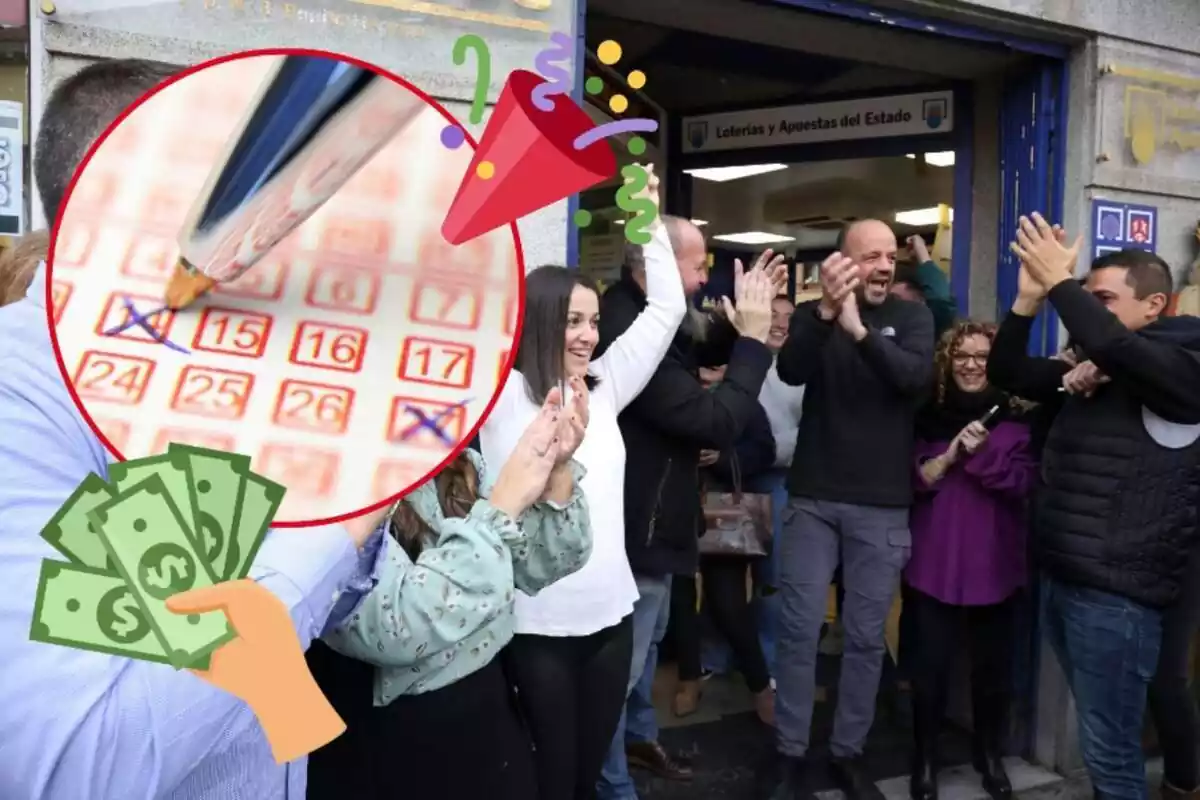 Muntatge d'una Administració de Loteria amb gent celebrant fora, números de la primitiva sent ratllats i una mà amb diners