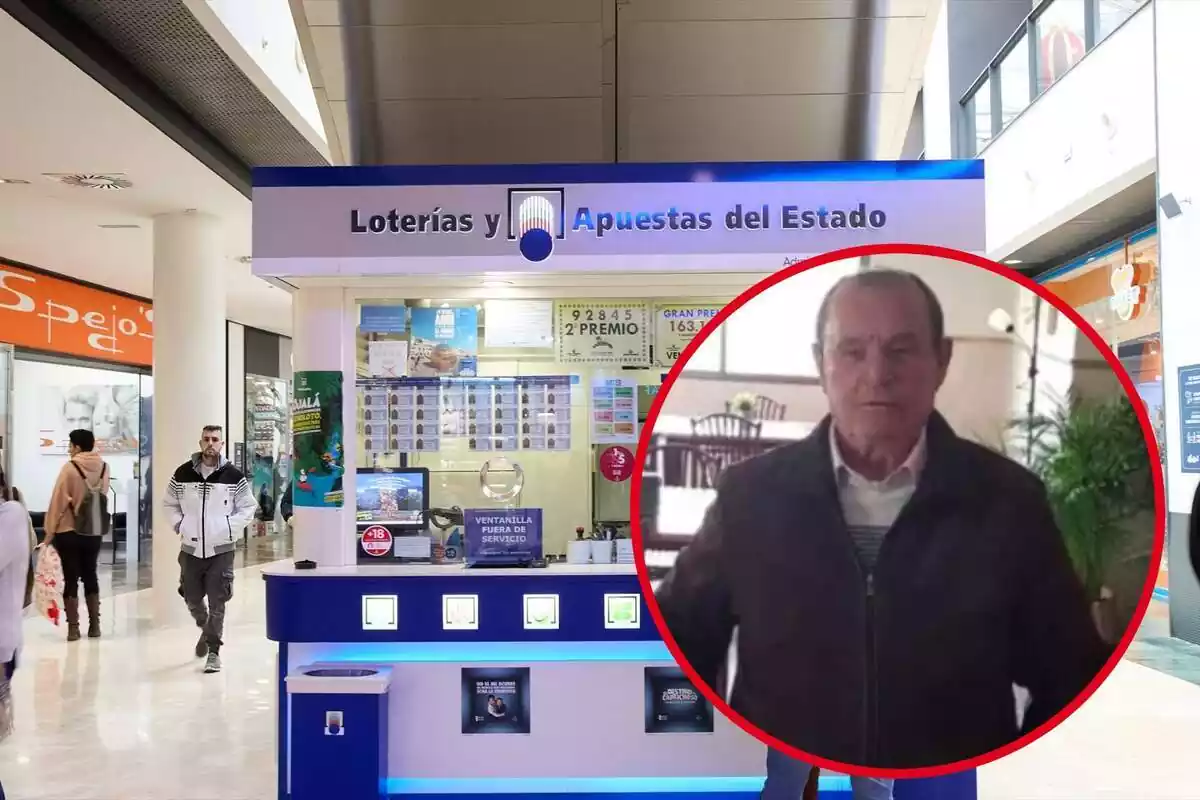 Muntatge d'una administració de Loteria i Vicente Sánchez Rivero amb jaqueta marró