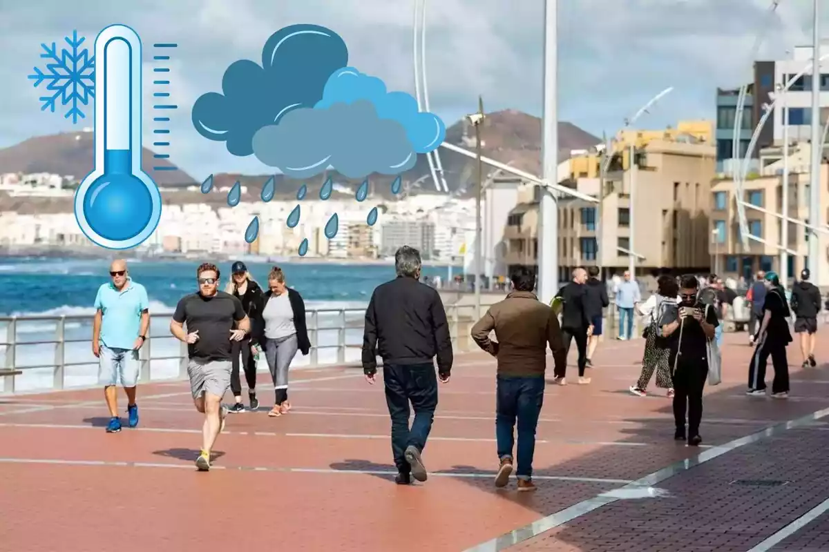 Persones caminant per un passeig marítim, amb logos de pluja i fred