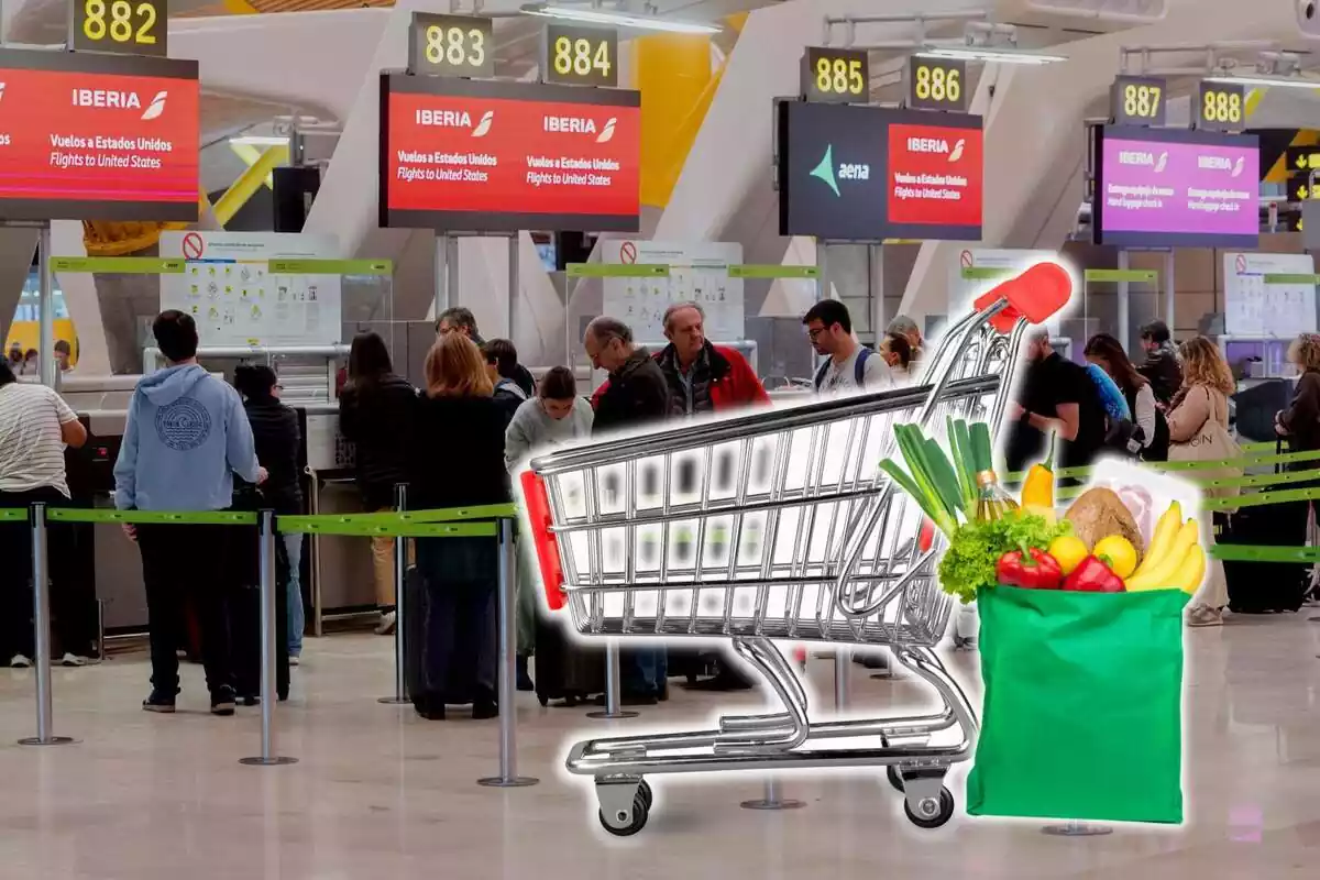 Muntatge on apareix un aeroport i davant un carretó de la compra amb una bossa plena de menjar
