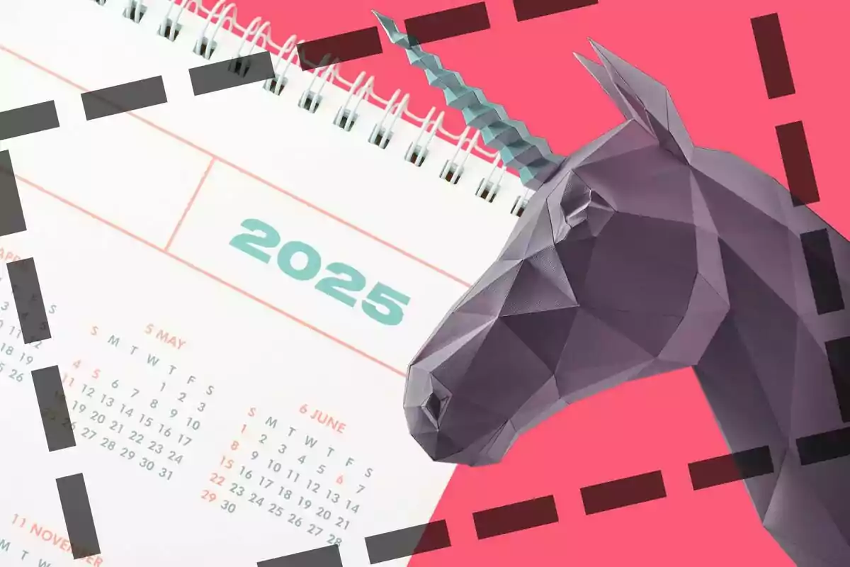 Un calendari de l´any 2025 amb un disseny d´unicorn geomètric sobre un fons rosa.