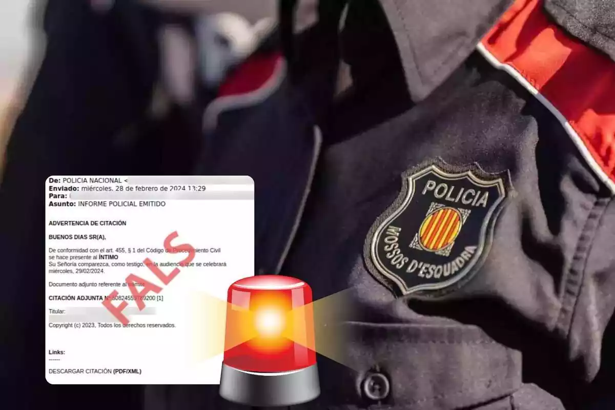 Muntatge amb un agent dels Mossos d'Esquadra amb uniforme, un document fals i una llum d'alarma