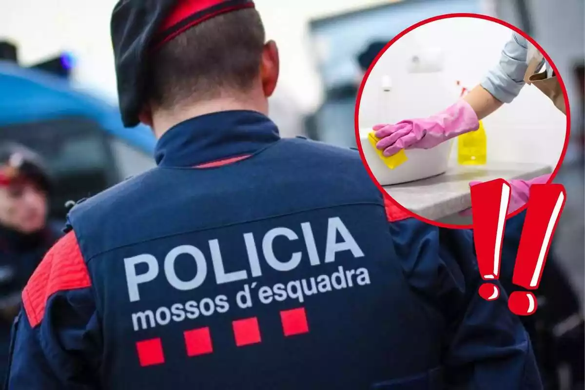 Muntatge d´un agent dels Mossos d´Esquadra d´esquena, una persona netejant el bany amb uns guants roses i uns signes d´exlamació