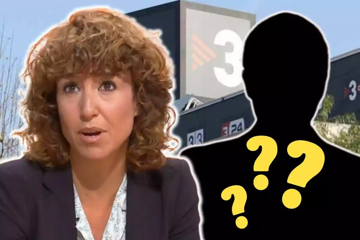 Una dona de cabell arrissat i expressió seria al costat d?una silueta negra amb signes d?interrogació grocs, amb un edifici de fons que té el logotip d?un canal de televisió.