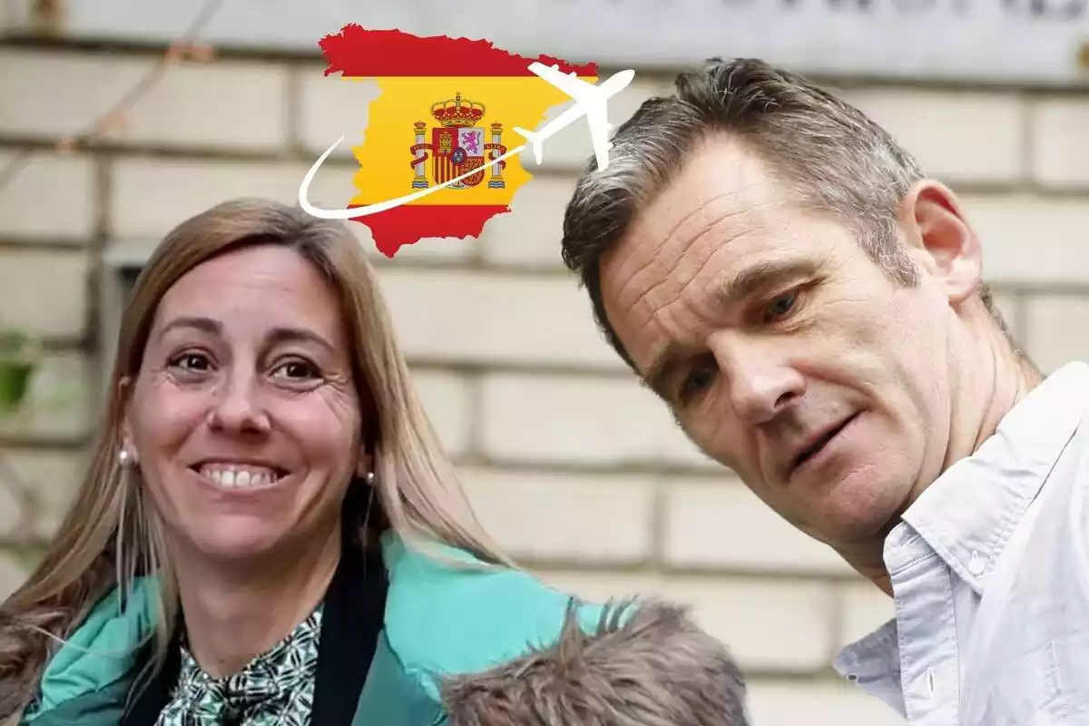 Muntatge d'Ainhoa Armentia somrient amb una jaqueta blava, Iñaki Urdangarin seriós mirant a baix, la bandera d'Espanya i un avió