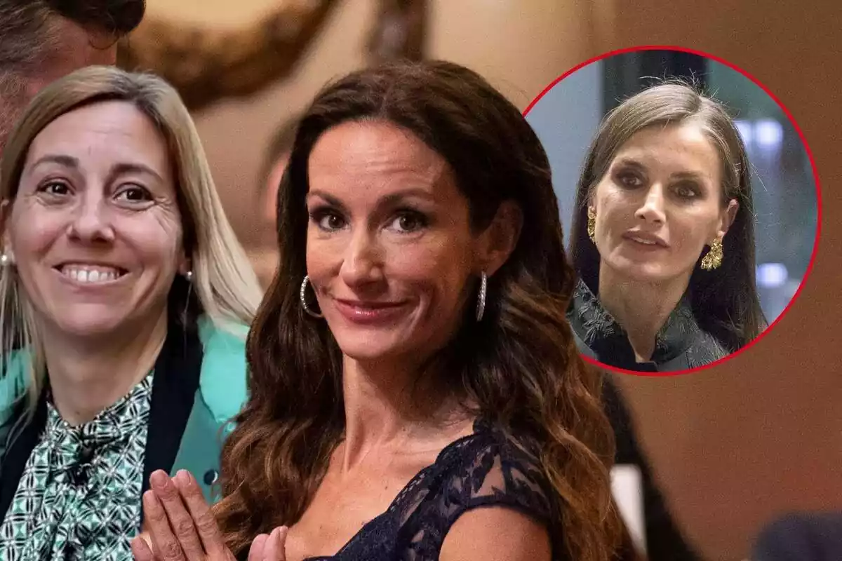 Muntatge d'Ainhoa Armentia somrient amb una jaqueta blava, Telma Ortiz somrient amb les mans juntes i Letizia seriosa amb unes arracades d'or