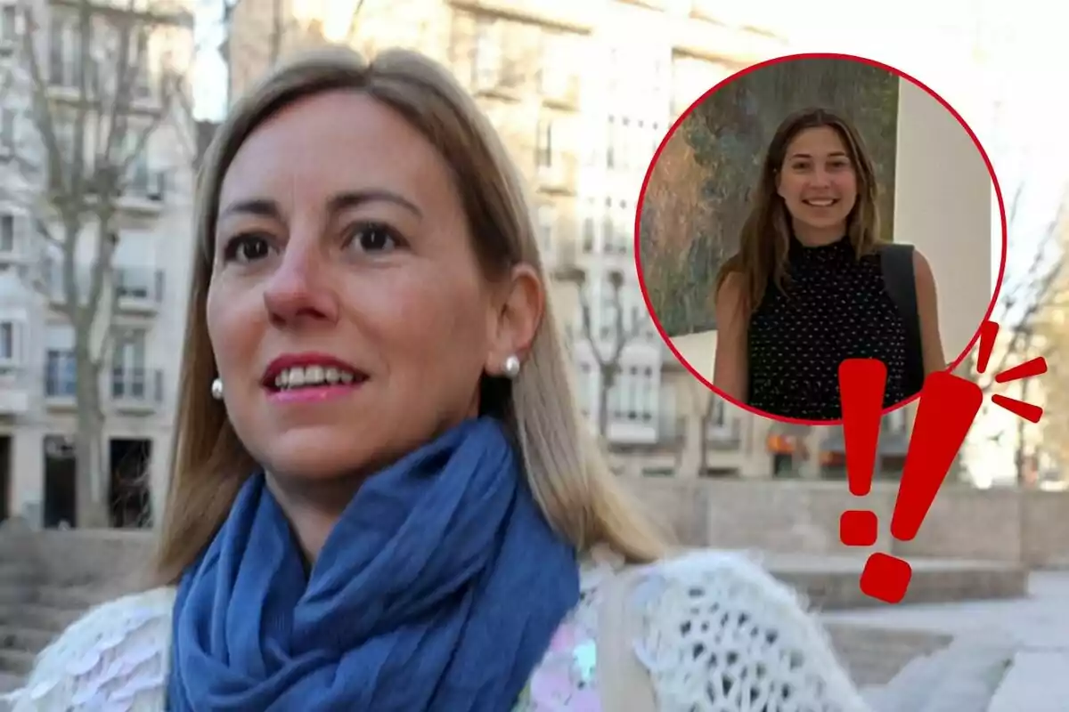 Ainhoa Armentia caminant a l'aire lliure amb una bufanda blava i una imatge inserida d'Olympia Beracasa somrient dins un cercle vermell amb signes d'exclamació.