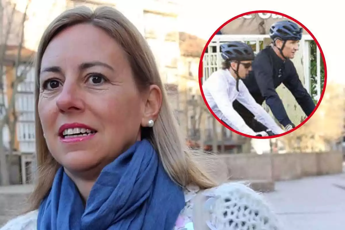 Muntatge de primer pla d'Ainhoa Armentia seriosa i Iñaki Urdangarin amb el seu fill amb bici