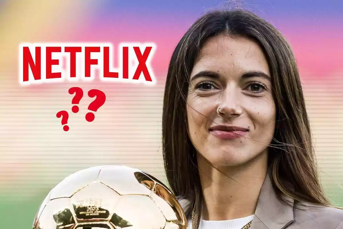 fotomuntatge d'una foto d'Aitana Bonmatí amb el logotip de Netflix i signes d'interrogació