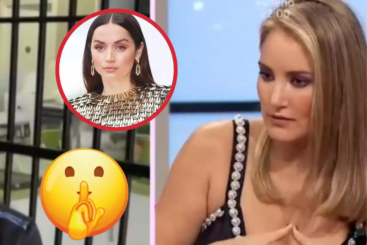 Montaje de Alba Carrillo, con vestido negro decorado con piedras plateadas y sentada en 'D Corazón': Ana de Armas, seria en un círculo, y un emoji de silencio.