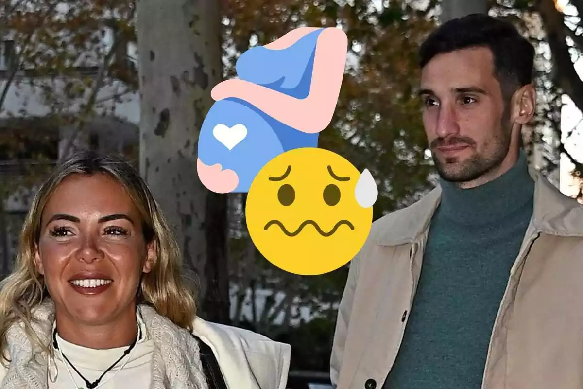 Muntatge d'Alba Silva i Sergio Rico somrient junts al carrer, una embarassada i un emoji de por
