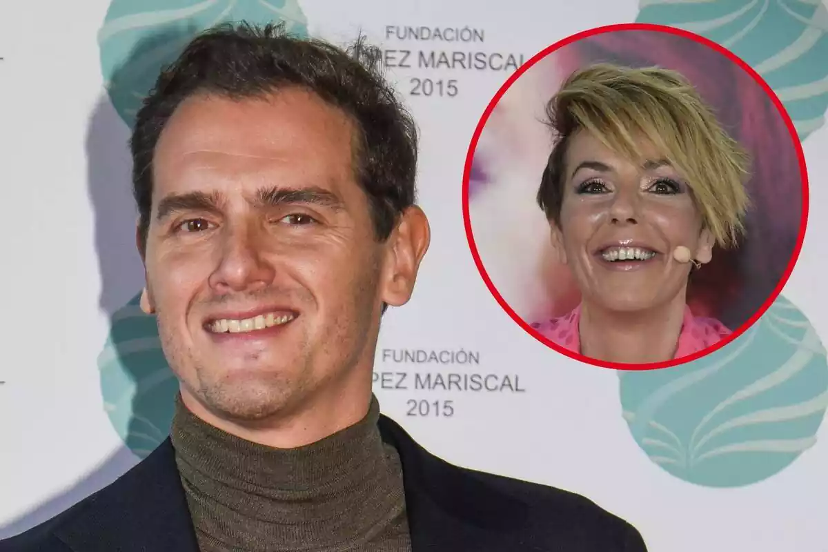 Muntatge amb Albert Rivera somrient amb un jersei de coll alt i Rocío Carrasco somrient amb un micròfon