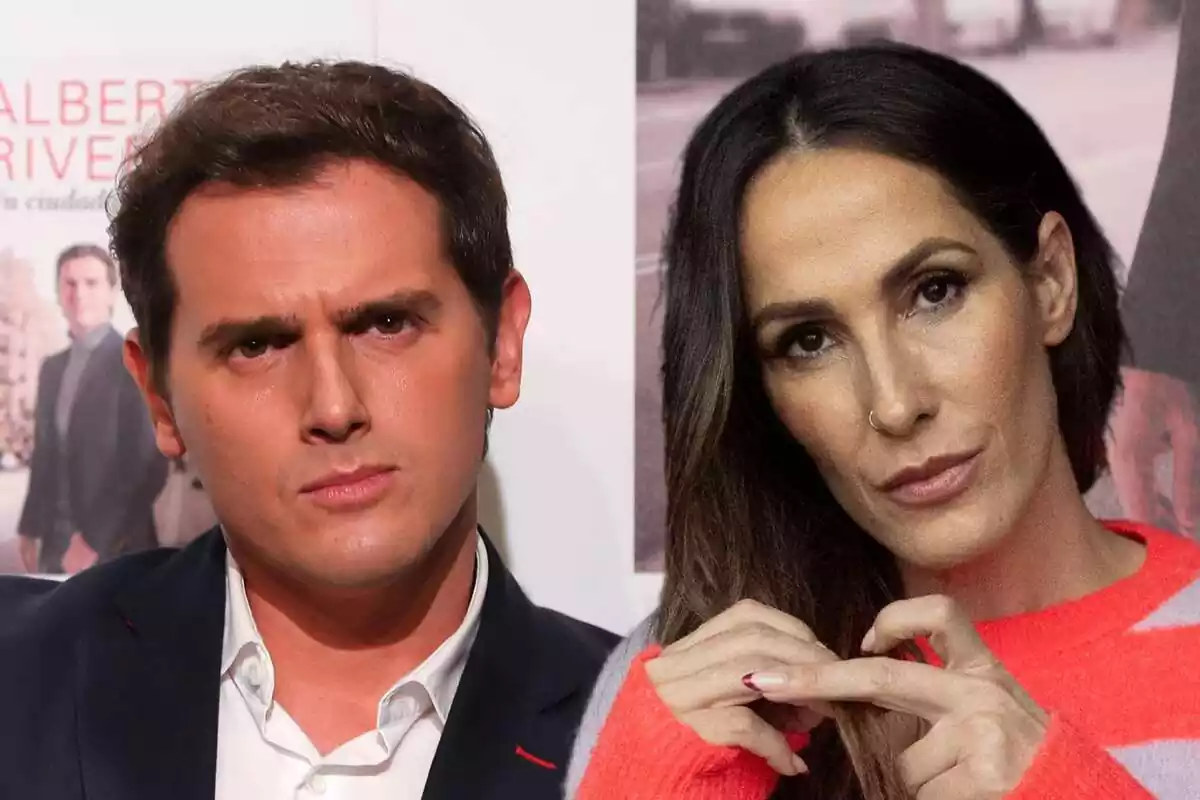 Muntatge en primer pla d'Albert Rivera seriós amb americana i camisa, i Malú seria jugant amb els cabells