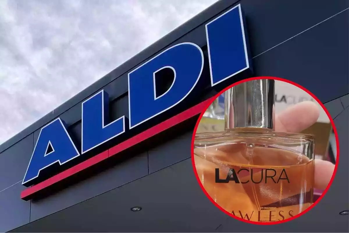 Muntatge amb el rètol a l'exterior d'una botiga d'Aldi i un cercle amb una mà subjectant el perfum Flawless de la marca LaCura