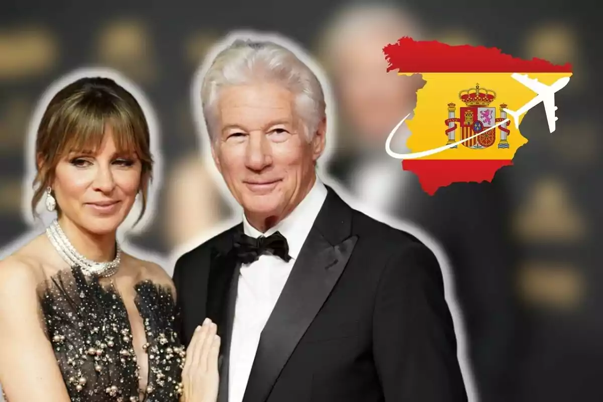 Alejandra Silva and Richard Gere elegantly dressed pose in front of a dark background, with a graphic of a map of Spain and a superimposed airplane.