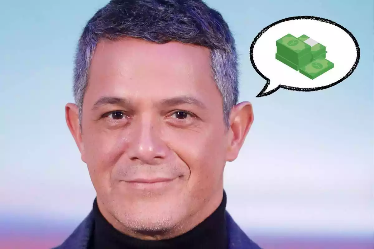 Muntatge amb un primer pla d'Alejandro Sanz somrient i emojis de parlar i diners