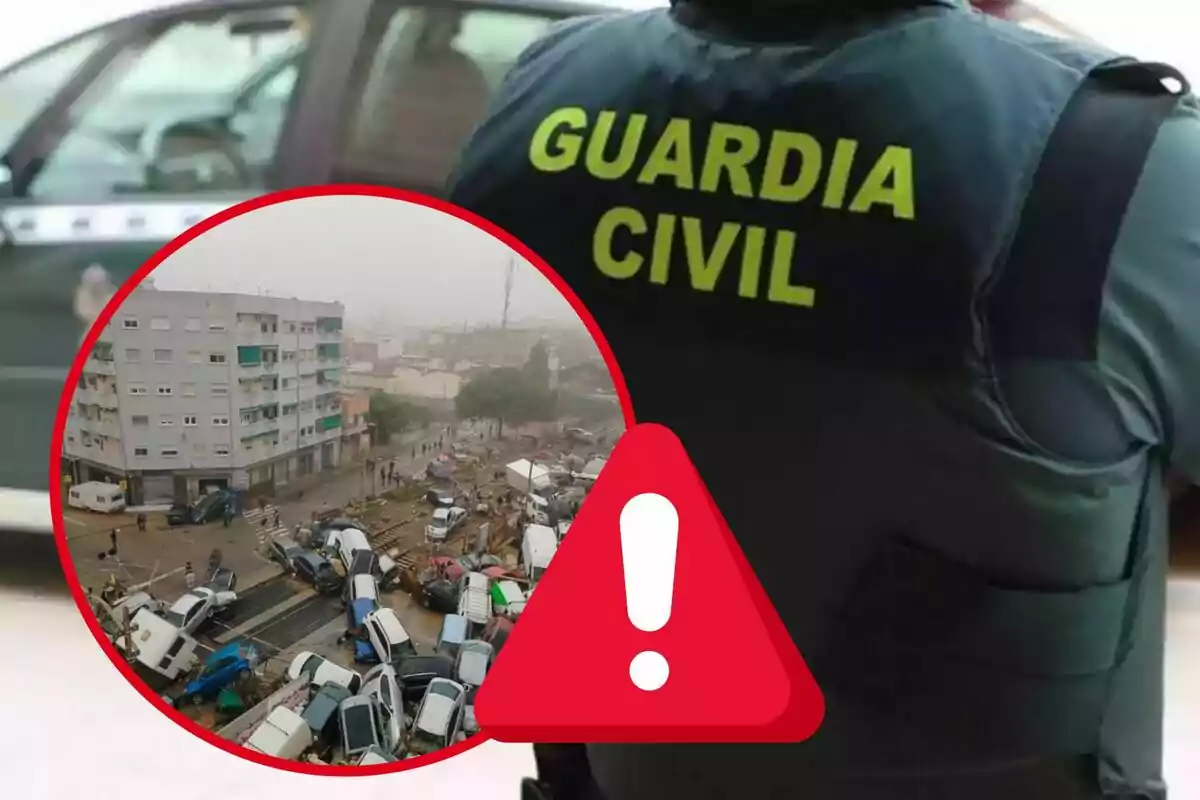 Un agent de la Guàrdia Civil observa una escena de caos vehicular a una ciutat amb un símbol d'advertència superposat.