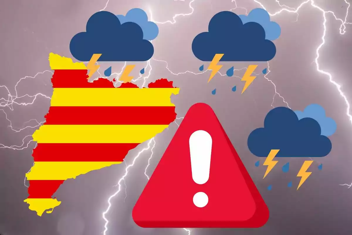 Mapa de Catalunya amb símbols de tempesta i una icona d'advertiment sobre un fons de llampecs.