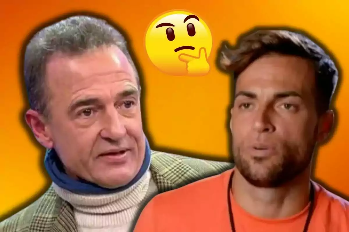 Alessandro Lequio and Montoya in the foreground with a thinking emoji on an orange background.