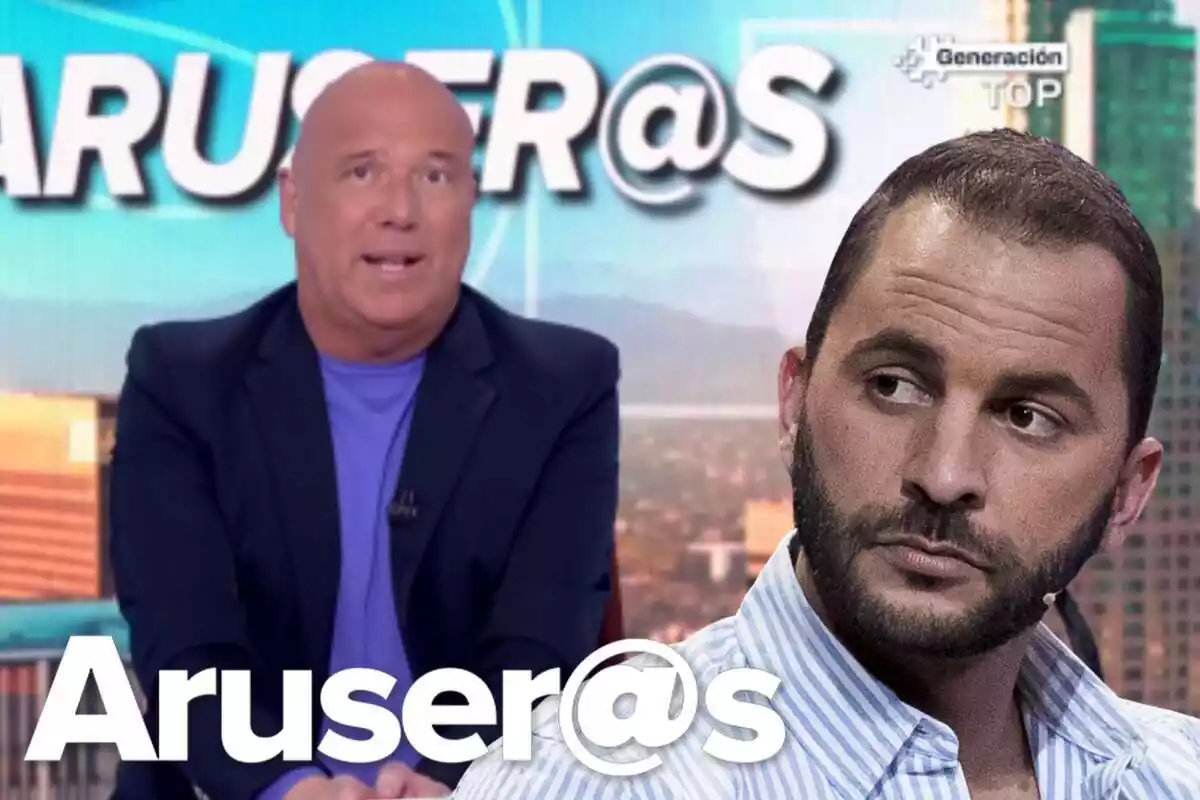 Muntatge d'Alfonso Arús parlant, Antonio Tejado seriós mirant de banda i el logo d''Aruser@s'