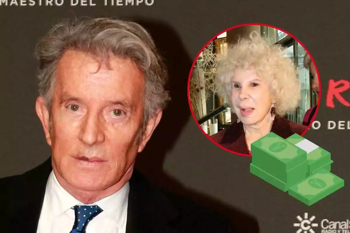 Muntatge d'Alfonso Díez seriós amb vestit negre i corbata blava, la duquessa d'Alba amb rostre neutre i diners