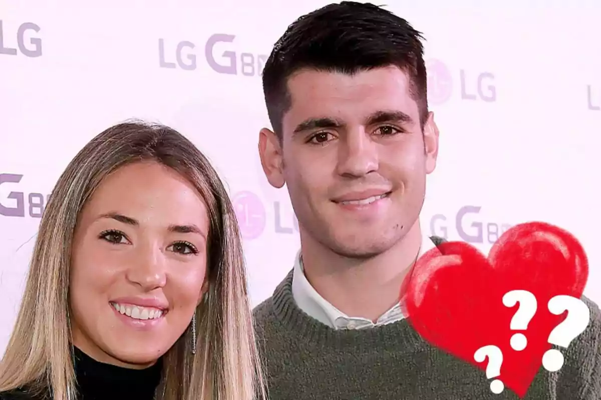 Alice Campello i Álvaro Morata somrients amb un fons de logotips de LG i un gràfic de cors amb signes d'interrogació.