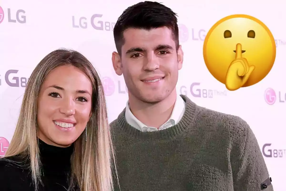 Alice Campello y Álvaro Morata sonriente posando frente a un fondo con logotipos de LG y un emoji de silencio al lado.