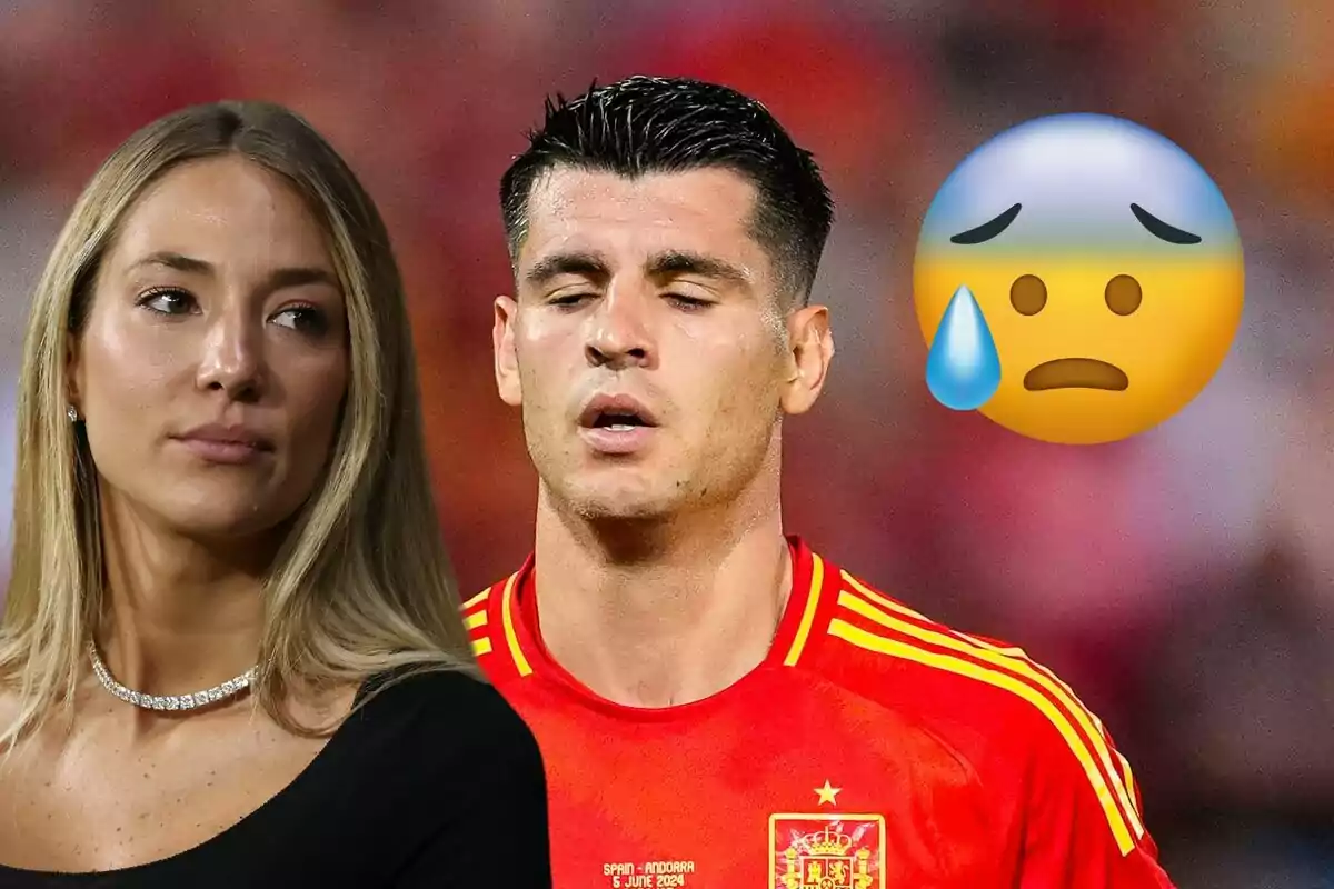 Alice Campello i Álvaro Morata amb una samarreta de futbol vermella, amb un emoji de cara preocupada amb una gota de suor.