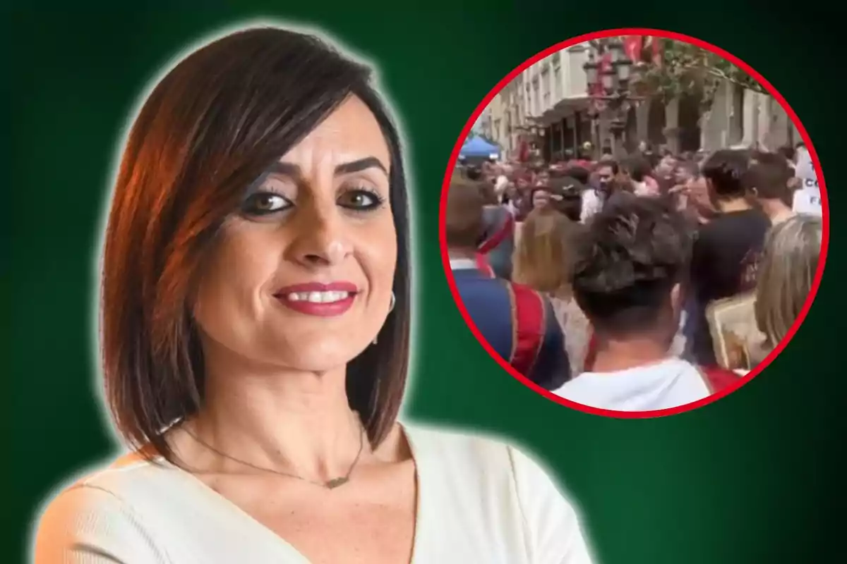 Alicia Tomás en primer pla, amb una imatge circular d?una multitud al fons.