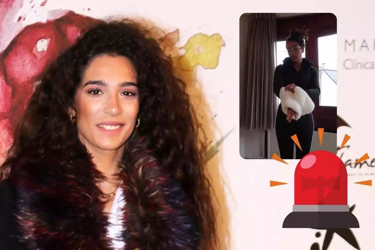 Muntatge amb Alma Bollo somrient amb una jaqueta amb plomes, un vídeo d'Instagram col·locant-se les mànigues i una alarma